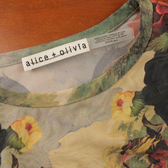 Alice + Olivia Delaina Floral Forest Print Mesh Long Sleeve Top, Green/Red,Small - Picture 5 of 9